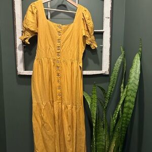 Elegant Mustard Midi Dress with Button Detail